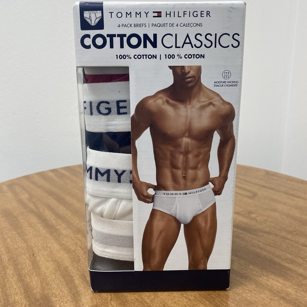 TOMMY HILFIGER Briefs Mens Small Navy White Red 4-Pack 100% Cotton Classics Logo